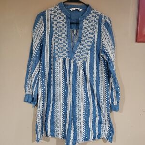 Zara Embroidered Boho Eyelet Blue White Lace Tunic Dress Womens Medium